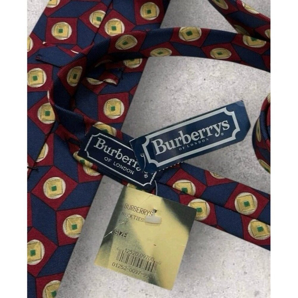 NEW BURBERRYS Silk Tie USA Blue Burgundy Gold Geometric W:3.8" - Picture 4 of 7